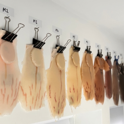 Skin-tone silicone samples for fake pregnant bellies, hanging in our studio