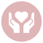 Pink circle with a white heart in hands icon inside.