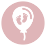 Pink circle with a white balloon and baby footprints icon inside.