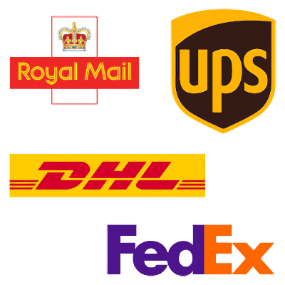 UPS, DHL, Royal Mail & FedEx logos - Moonbump delivers worldwide