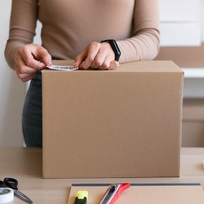 shipping label being applied to a priority order box