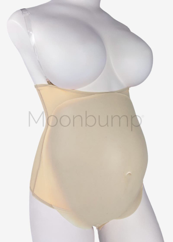 5-6 Month silicone artificial pregnancy belly by Moonbump, in colour M3 'warm ivory', shown on a mannequin