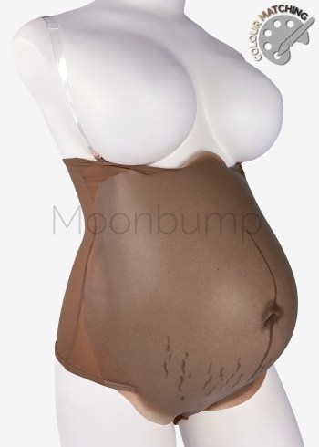 7-8 Month fake maternity belly, in colour M7 'chocolate brown' with linea nigra & stretch marks, shown on a mannequin