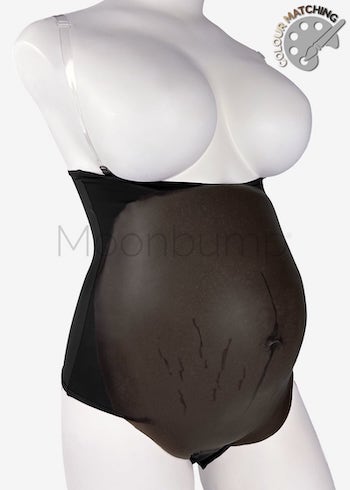 5-6 Month silicone fake pregnancy belly, in colour M10 'black coffee' with linea nigra & stretch marks, shown on a mannequin
