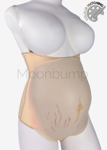5-6 Month silicone fake pregnancy belly, in colour M2 'porcelain' with linea nigra & stretch marks, shown on a mannequin