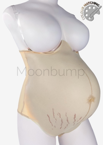 Silicone fake pregnant belly twins/8-9 month by Moonbump, in colour M3 'warm ivory' with linea nigra & stretch marks, shown on a mannequin